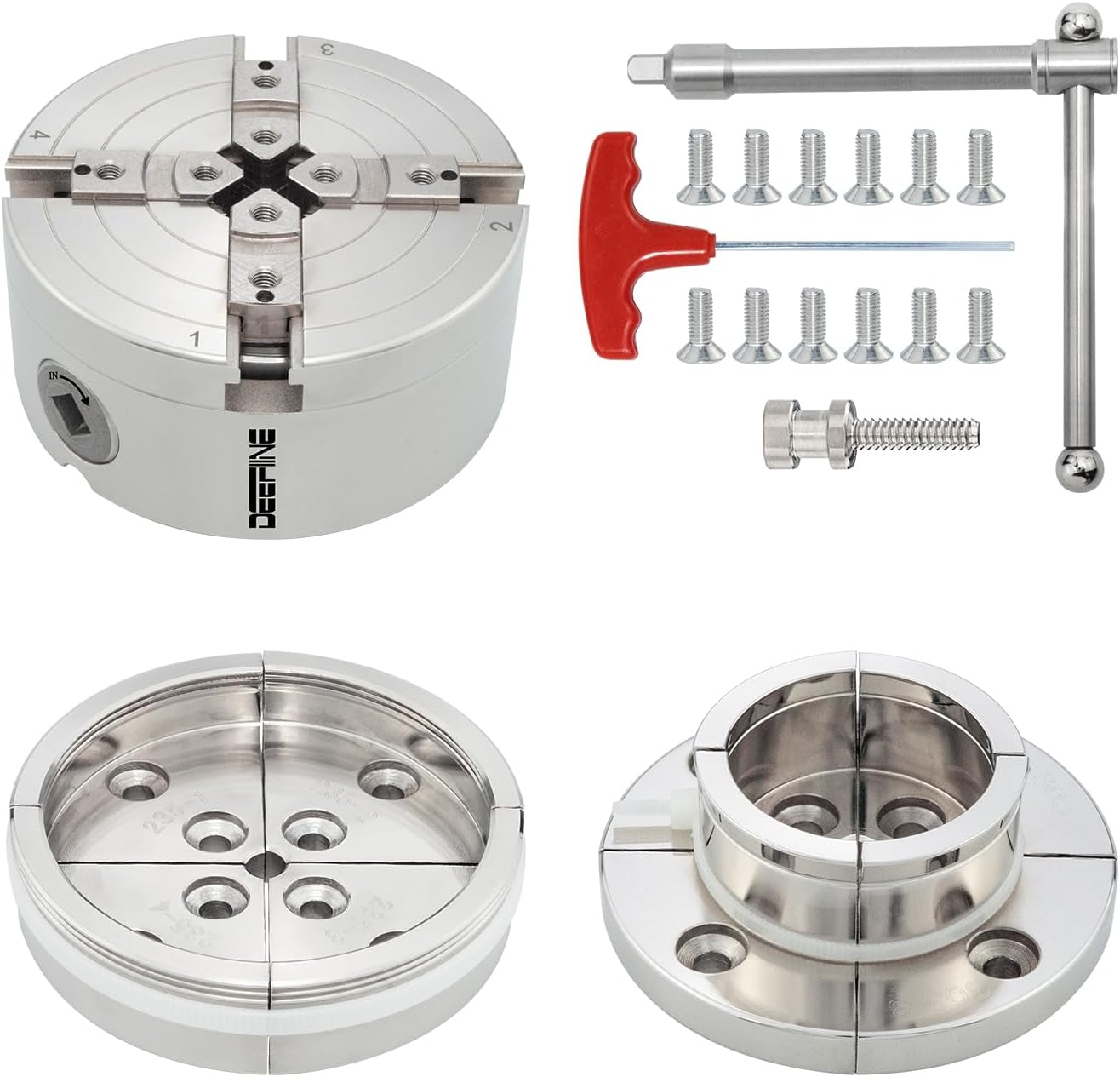 Premium 4-Inch Wood Lathe Chuck Set – Nickel-Plated Self-Centering 4-Jaw